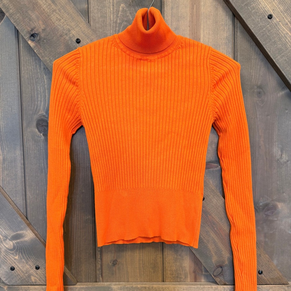 Zara Turtleneck Sweater Womens Small Orange Good Ribbed Knit Long Sleeve